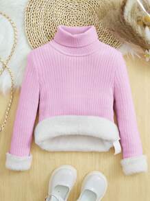 SHEIN Cô gái Màu thuần Cổ cao Lông cừu Áo chui đầu Áo len , Mùa Đông - Màu tím - Xem 1