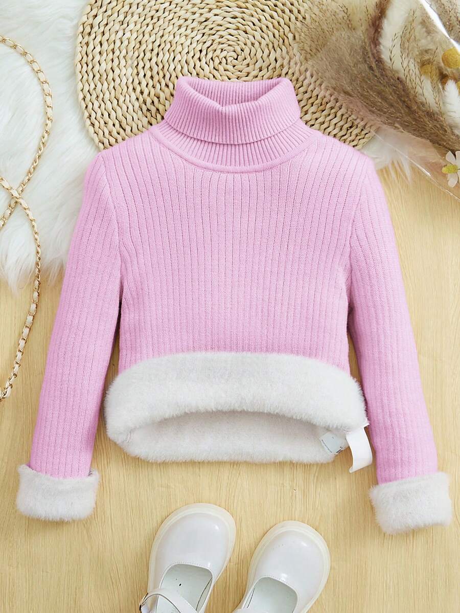 SHEIN Cô gái Màu thuần Cổ cao Lông cừu Áo chui đầu Áo len , Mùa Đông - Màu tím - Xem 1