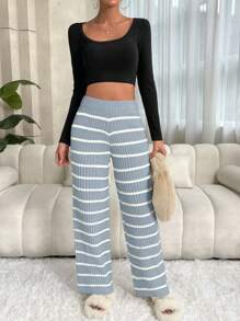 SHEIN LUNE Women Sweater Pants Striped Casual - Biru - View 4