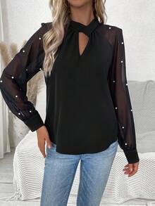 SHEIN Frenchy Button Up Mesh & Bead Patchwork Keyhole Neckline Shirt - Black - View 6