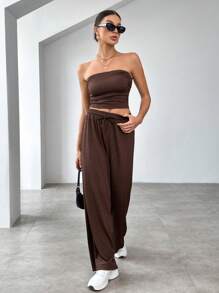 SHEIN Essnce Của phụ nữ Đơn giản Màu thuần Ống ngọn Và Quần Hai chiếc Bộ - màu nâu - Xem 3