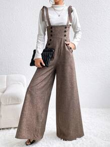 SHEIN Privé Button Detail Loose Wide-leg Jumpsuit - Brown - View 4