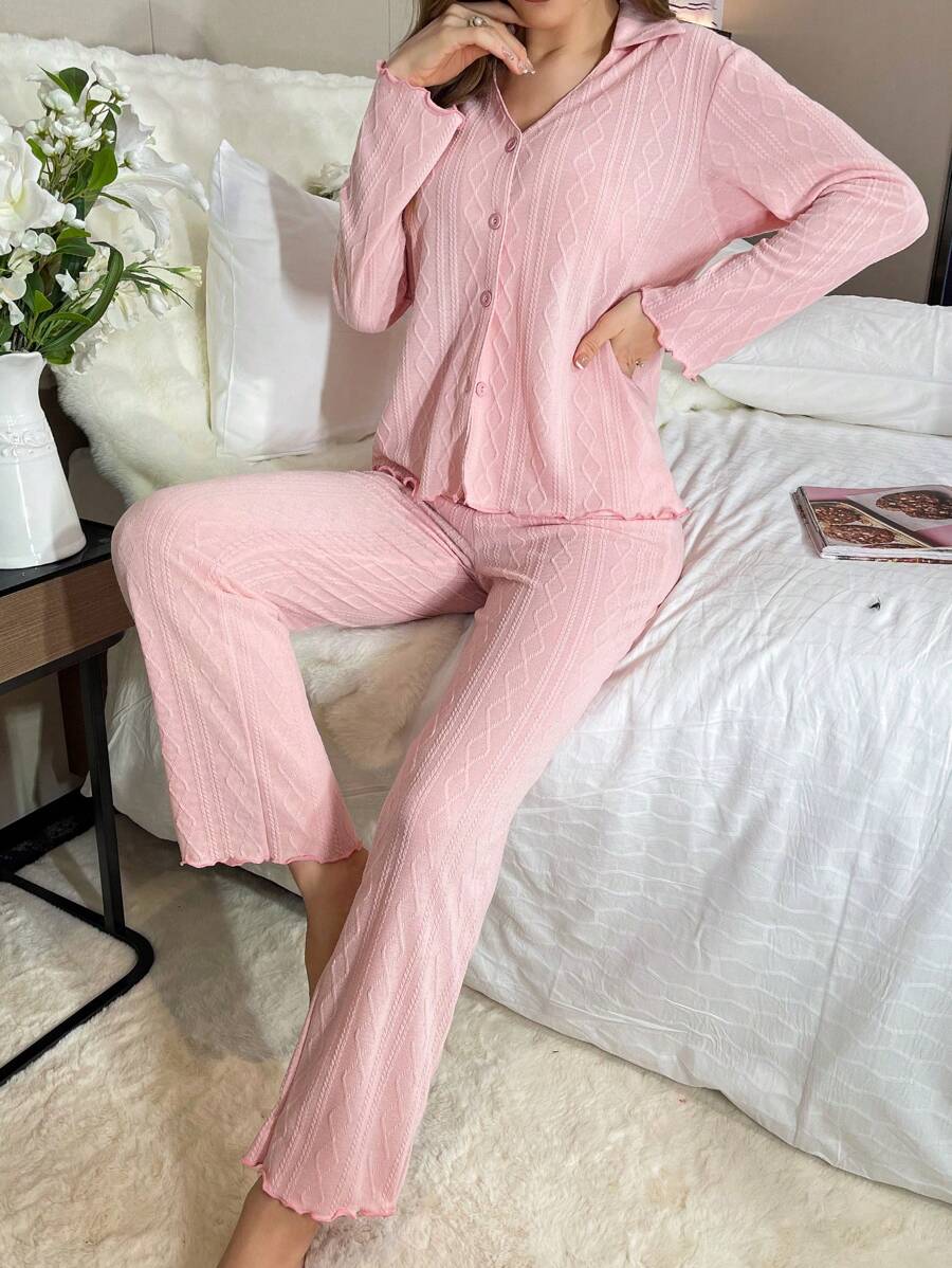 Men's Long Sleeve Collared Top And Pants Homewear Set - Pink - View 1