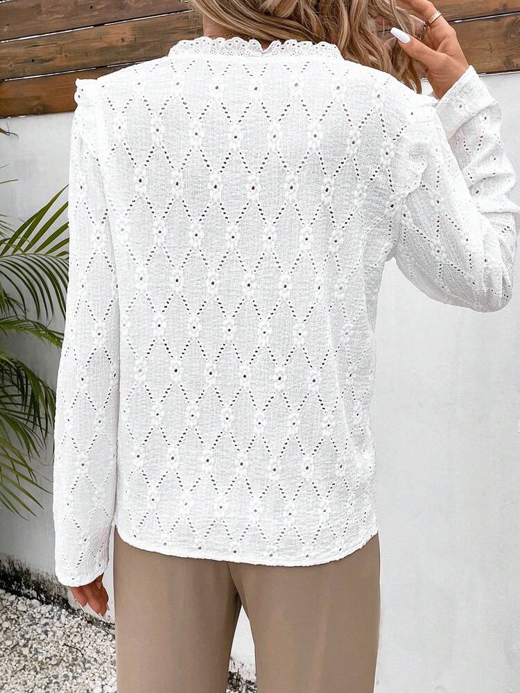 Women's Textured Fabric Lace Patchwork Frill Trim White Spring Break Summer Shirt Winter Casual