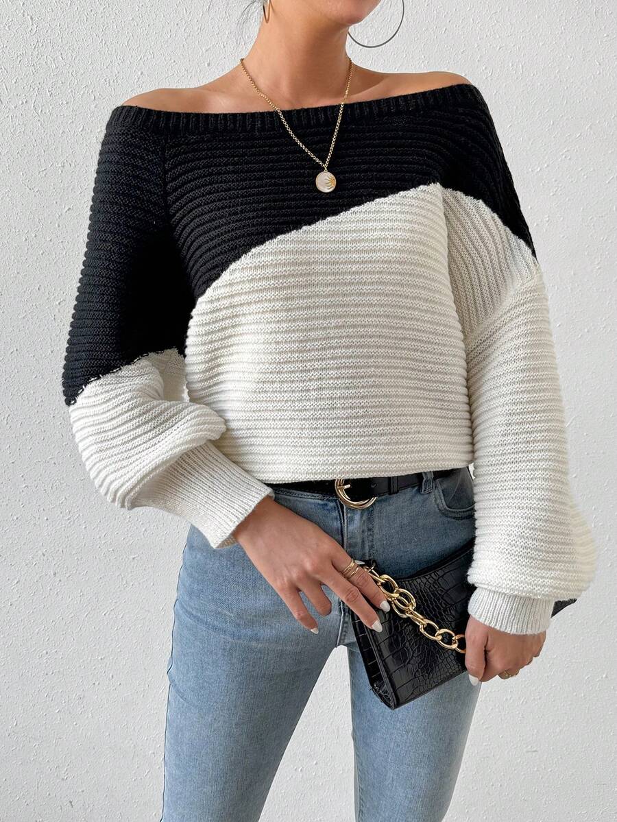 SHEIN Essnce 拼色針織毛衣 - 黑與白 - 查看 1