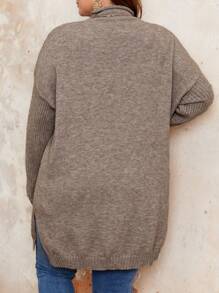 EMERY ROSE Kích thước lớn Của phụ nữ Đứng cổ áo Sọc Dài Áo len - Màu Khaki - Xem 2