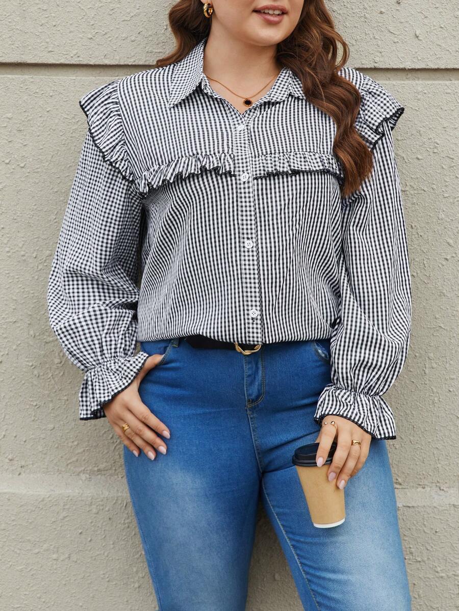 SHEIN Frenchy 大码女士条纹荷叶边衬衫 - 黑與白 - 查看 1