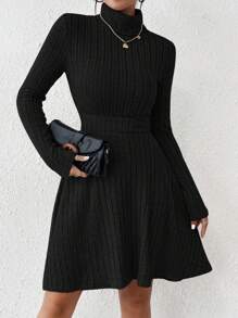 SHEIN Frenchy Women's Black Skirt Turtleneck Ribbed Bodycon With Sleeves Dress - Black - View 5