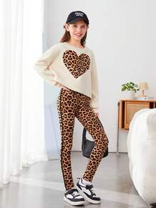 Cô gái Tween In trái tim & Da báo Áo chui đầu & Xà cạp - Màu Khaki - Xem 6