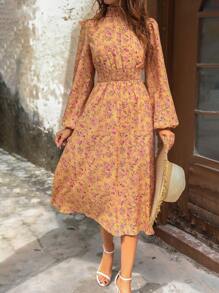 SHEIN LUNE 女款立領印花抽褶腰連身裙 - 彩色 - 查看 1