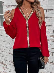 SHEIN LUNE 女士閃爍拼接露肩上衣 - 酒紅色 - 查看 6