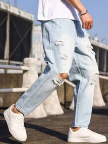 Manfinity Roghcode 男士破洞洗水寬鬆牛仔褲寬鬆長褲Cargo素面淺藍色派對時尚友人