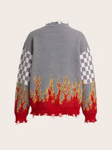 SHEIN ICON 具有機車圖案的磨損袖口寬鬆毛衣,下垂肩 - 灰色 - 查看 2