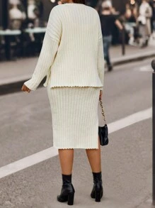 SHEIN LUNE Plus Size Women's Solid Color Drop Shoulder Cardigan And Sweater Dress Set Fall Cloth For Women - White - View 2