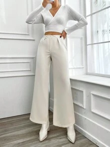 SHEIN Pantalones Anchos De Color Liso Para Mujer - Beis - Ver 5