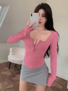 DAZY Solid Color Square Neck Long Sleeve T-Shirt,Fall Clothes - Pink - View 3