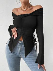 Chiquease Viền bất đối xứng lệch vai Ôm sát áo có xẻ bên - màu đen - Xem 1