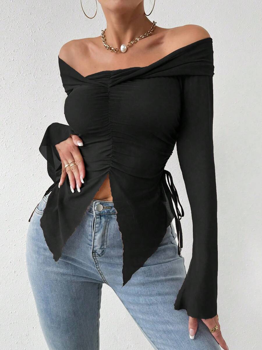 Chiquease Viền bất đối xứng lệch vai Ôm sát áo có xẻ bên - màu đen - Xem 1