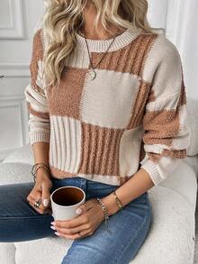 SHEIN Essnce 女士圓領色塊毛衣套頭 - 卡其色 - 查看 3