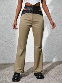 SHEIN LUNE Pantalones Largos Con Cintura Elástica Y Recorte Casual De Otoño / Invierno - Caqui - Ver 1