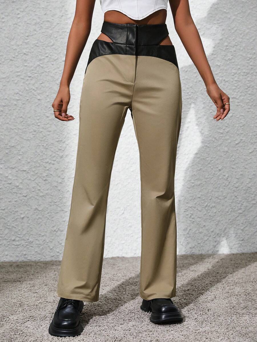 SHEIN LUNE Pantalones Largos Con Cintura Elástica Y Recorte Casual De Otoño / Invierno - Caqui - Ver 1