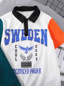 SHEIN Tween Boys' Two-Piece Set Of Contrasting Pattern Lapel Polo Shirt And Shorts