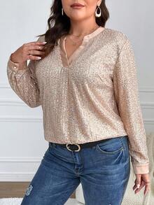 SHEIN Franclia Kích thước lớn Tay áo lồng đèn Áo Với Cổ áo có khía - Màu be - Xem 5