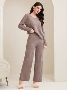 Mulvari Của phụ nữ Màu thuần Áo len Hai chiếc Bộ - Màu Khaki - Xem 4