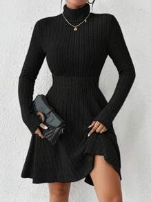 SHEIN Frenchy Women's Black Skirt Turtleneck Ribbed Bodycon With Sleeves Dress - Black - View 1