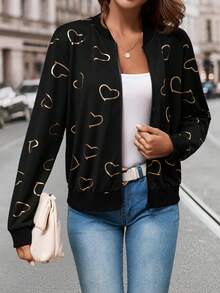 Women's Baseball Jacket With Heart Print - Black - View 5