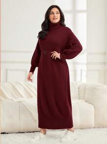 Mulvari Plus Size High Collar Lantern Sleeve Belted Sweater Dress - Burgundy - View 2