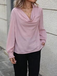 SHEIN LUNE Women's Draped Design Collared Shirt Fall Cloth For Women - Pink - View 3