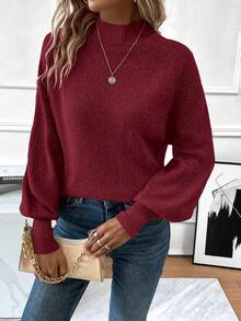 SHEIN Essnce Casual Women'S Stand Collar Raglan Sleeve Sweater - Burgundy - View 7