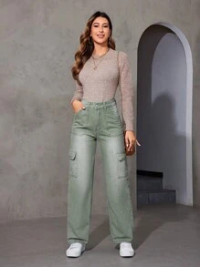 SHEIN LUNE 女用有蓋口袋直筒牛仔褲 - 綠色 - 查看 6