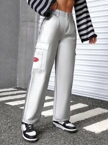 SHEIN PETITE Faux Leather Jeans For Short People - Silver - View 6