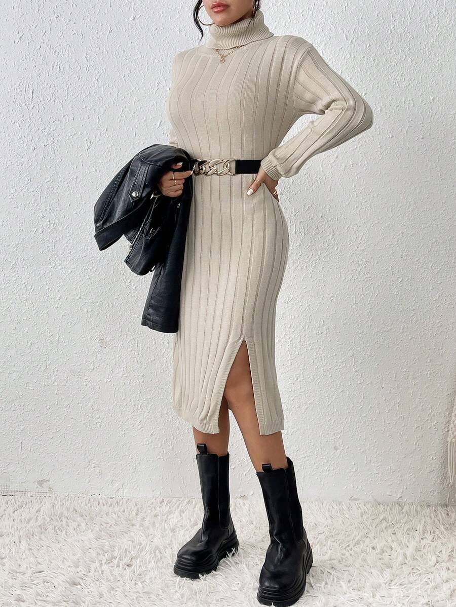 SHEIN Frenchy 女款純色高領修身開腳毛衣洋裝(無腰帶) - 卡其色 - 查看 1