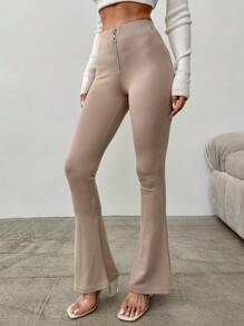 Zip Fly Flare Leg Pants - Khaki - View 4