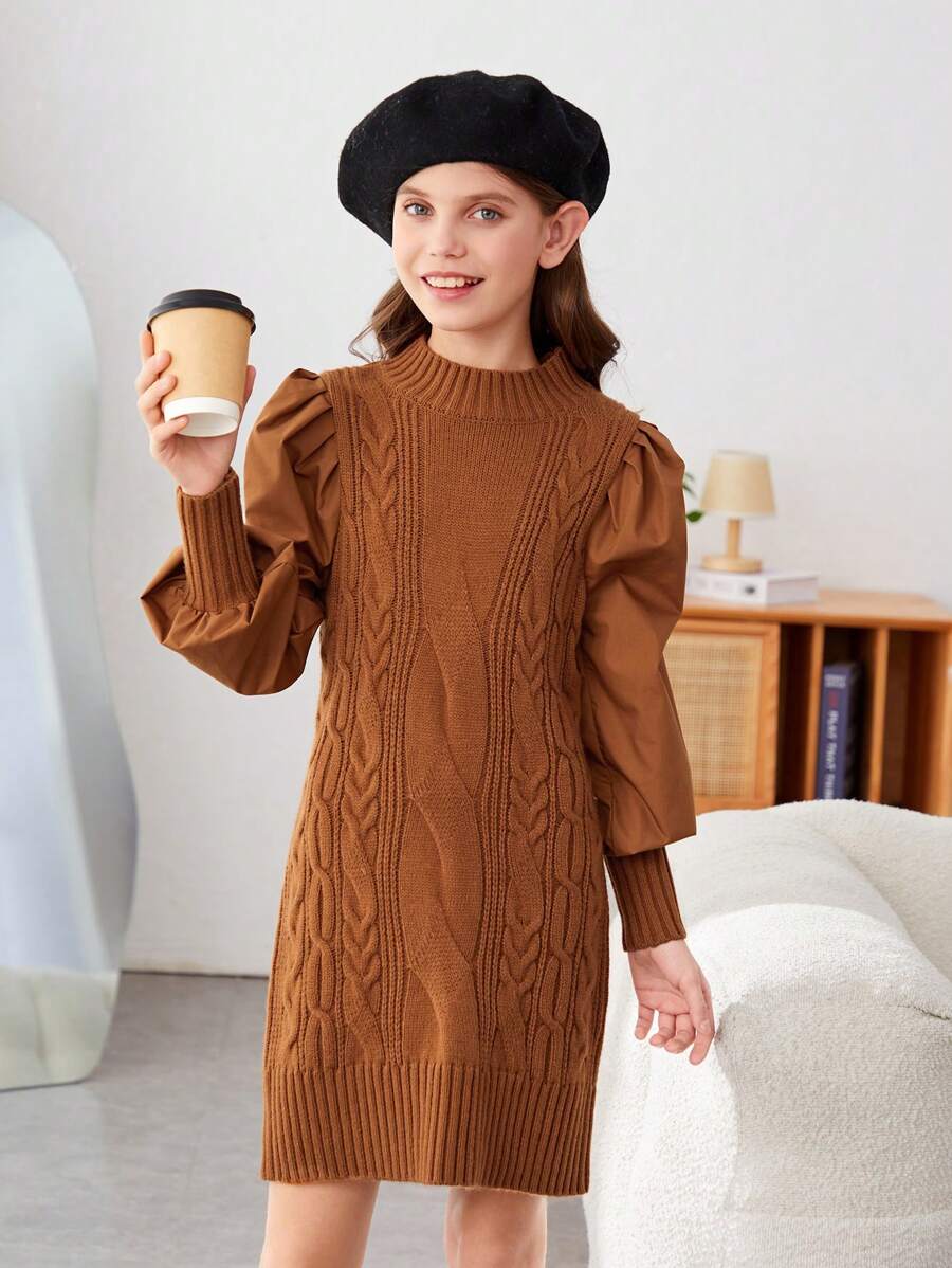 SHEIN Vestido Tipo Jersey Con Cuello Redondo Y Manga Larga, Informal, Holgado, Para Niñas Preadolescentes