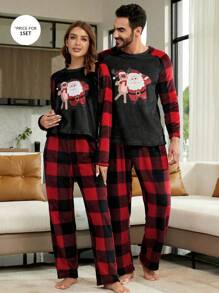 Men 1pc Buffalo Plaid & Christmas Print Raglan Sleeve Sleep Tee & 1pc Sleep Pants