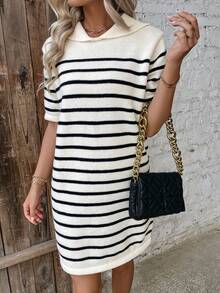 SHEIN Frenchy Vòng cổ Ngắn tay Đen & Trắng Sọc Đầm - Nhiều màu - Xem 5