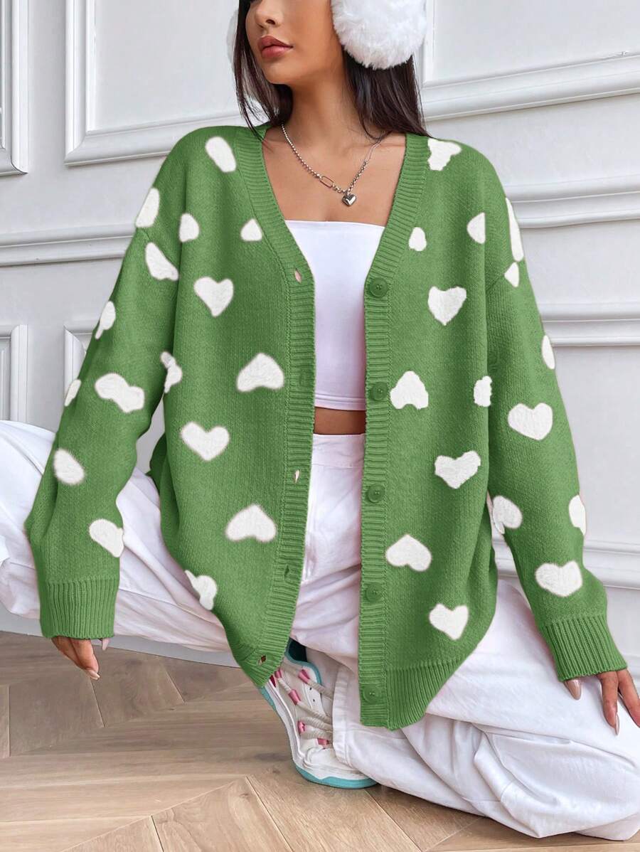 SHEIN Qutie Women's Fun Heart Patterned Casual Cardigan In Green - Multicolor - View 1