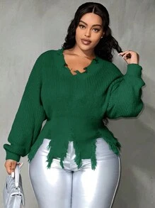 Slaydiva Kích thước lớn Màu thuần tay cánh Đau khổ Cắt tỉa Áo len - màu xanh lá - Xem 1
