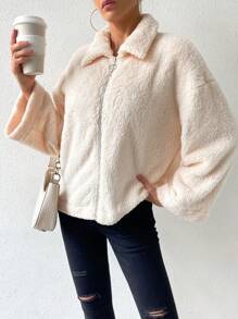 SHEIN Essnce Furry Zipper Closure Drop Shoulder Sleeve Jacket - Apricot - View 1