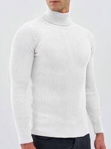 SHEIN Cottnline Men's Solid Color Turtleneck Cable Knit Sweater - White - View 6