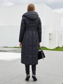 Women's Long Hooded Padded Coat With Belt - Black - View 7