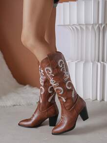 Styleloop 時尚西式刺繡女靴，女士牛仔靴 - 棕色 - 查看 5