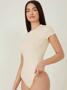 SHEIN BASICS Solid Tee Bodysuit - Beige - View 3
