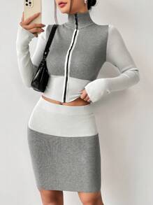 SHEIN Unity Women'S Contrast Color Zipper Cardigan And Knitted Skirt Set - Grey - View 1