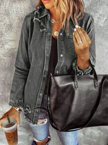 純色紐扣前毛邊牛仔夾克 - 灰色 - 查看 1