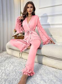 Women's Mesh Splice Ruffle Trimmed Pajama Set With Lace Decoration - Pink - View 1